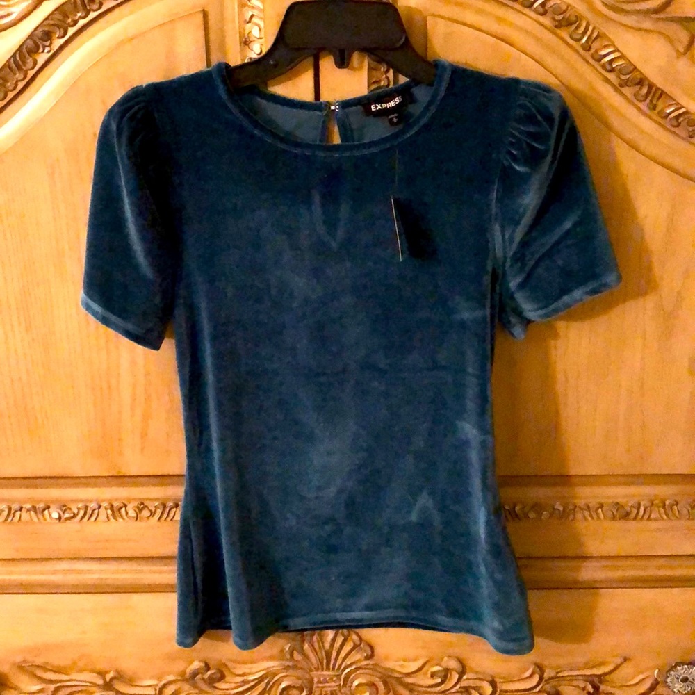 Pine green velour top with puff sleeves from Express. Size Small.